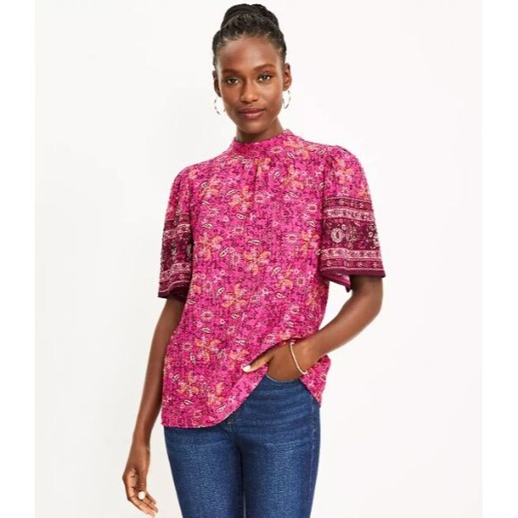 LOFT Women's XL Textured Paisley Mock Neck Top Pink Short Sleeve Floral Stretch - Picture 1 of 10